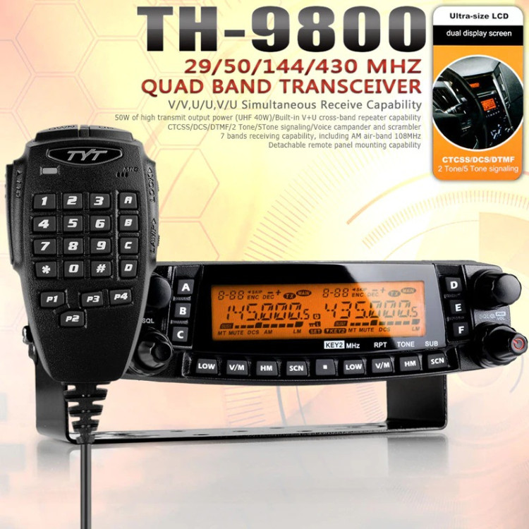 Radio bidirecional movel UHF/VHF Quad Band TYT TH-9800 Plus, 26-33 MHz, 47-54 MHz e 144-148 MHz com 50 watts em VHF e 420-450 MHz com 40 watts em UHF - Imagem: 3